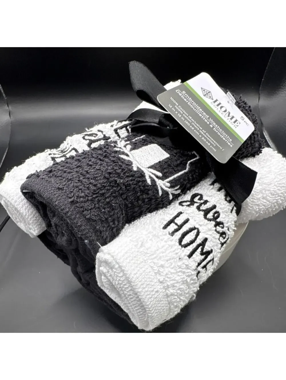 EMBROIDERED 100% Cotton Washcloths Black White 12x12in set of 5